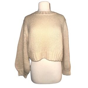 R1 Rolla's Cropped Knit Sweater Women 12/L Cream Wool Mohair Cozy Boxy Pullover